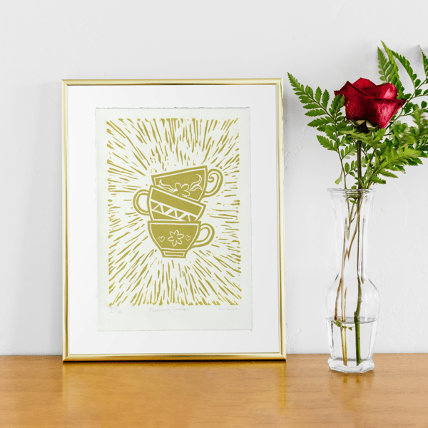 Teetering Teacups A5 lino print