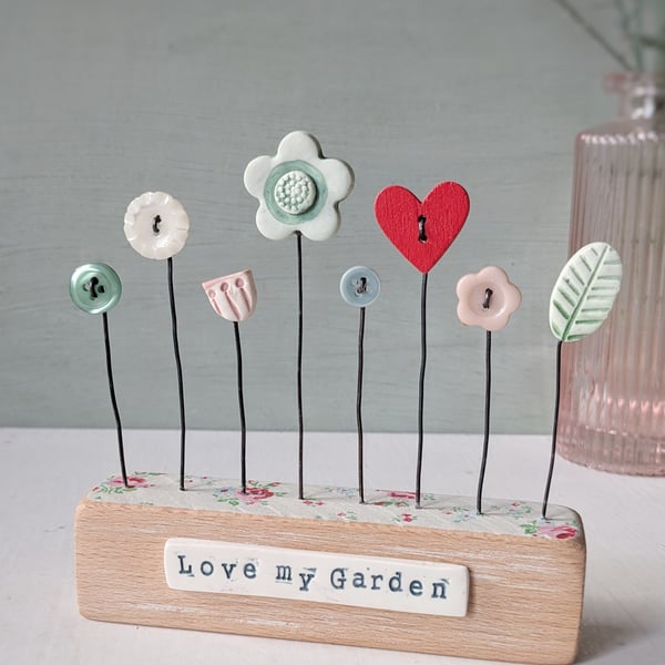 Clay and Button Flower Garden in a Wood Block 'Love my Garden'