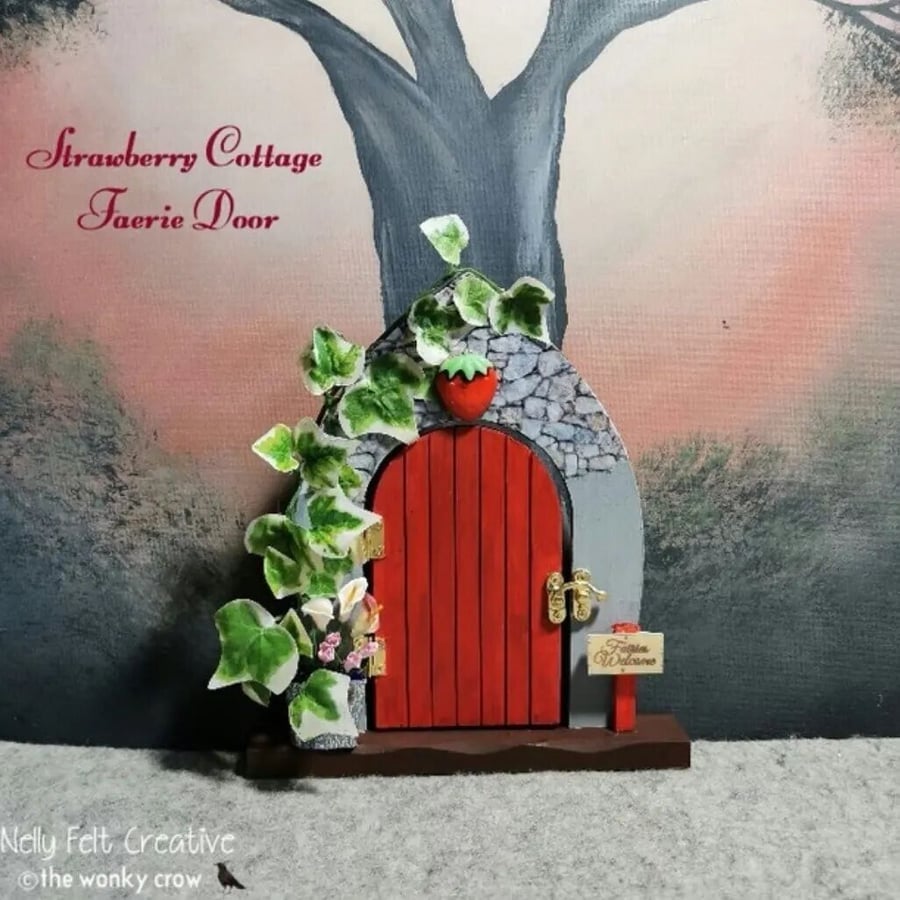 Strawberry Cottage wooden Faerie Fairy Fae Opening Door 