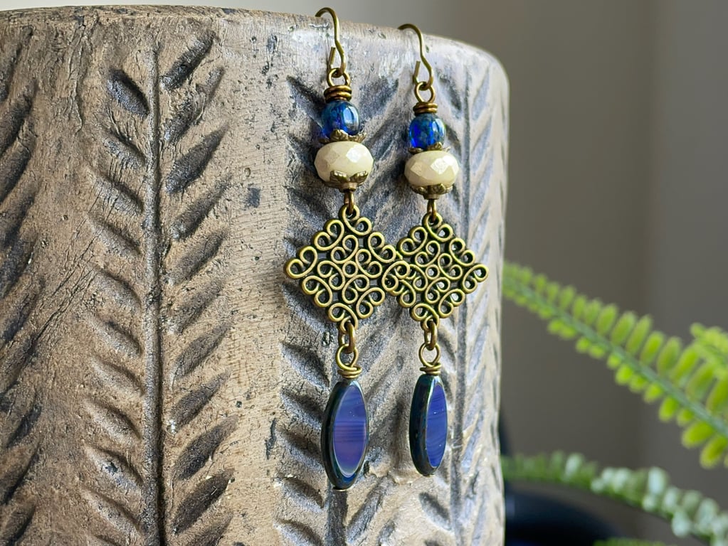 Navy Blue Czech Glass Marquise Earrings. Long & Elegant Handmade Jewellery 