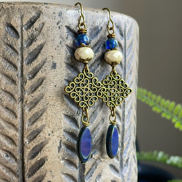 Navy Blue Czech Glass Marquise Earrings. Long & Elegant Handmade Jewellery 