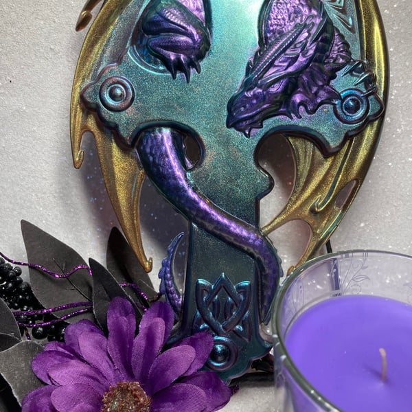 Purple and gold  Dragon with Blue Cross Lg Resin  Fridge Magnet or wall hanging.
