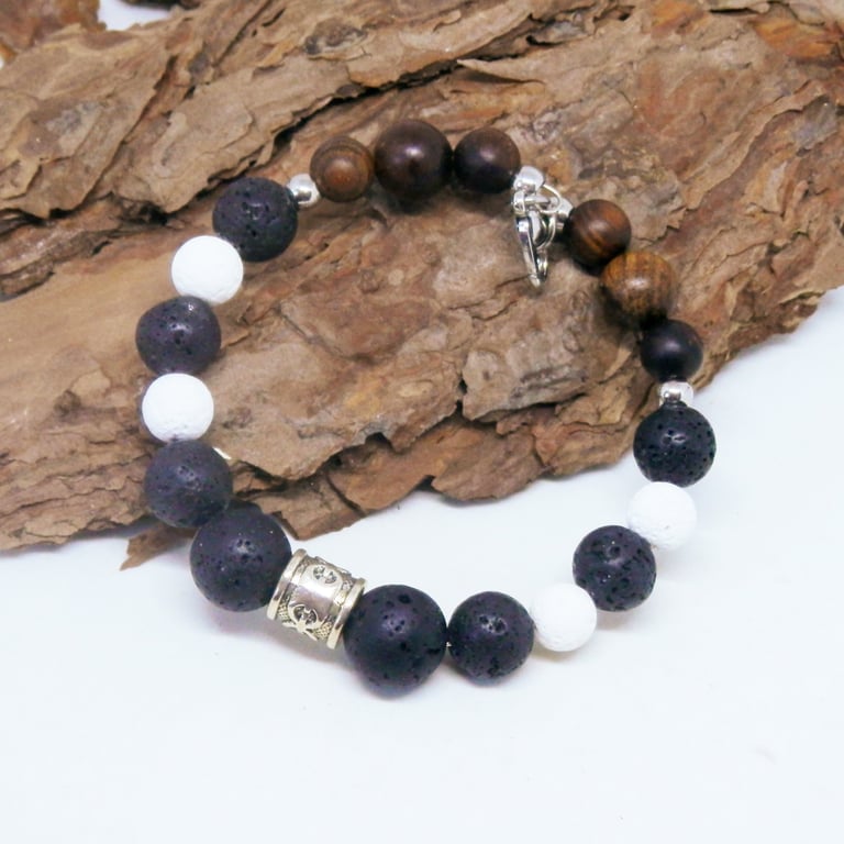 Stainless Steel Memory Wire Bracelet With Lava Beads And Sandalwood