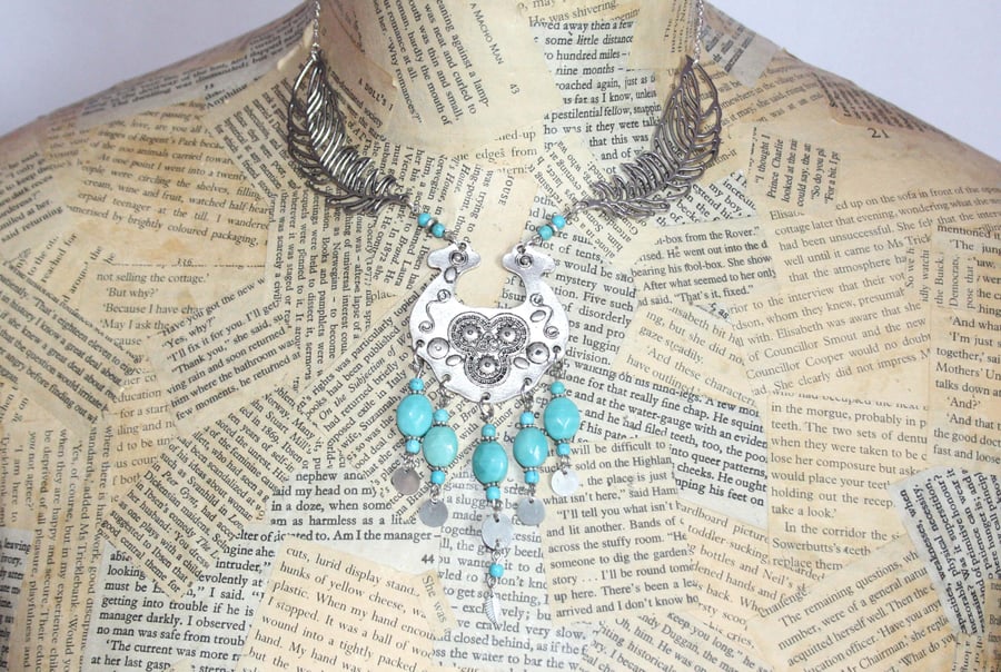 Turquoise and Silver Feather Charm Statement Necklace