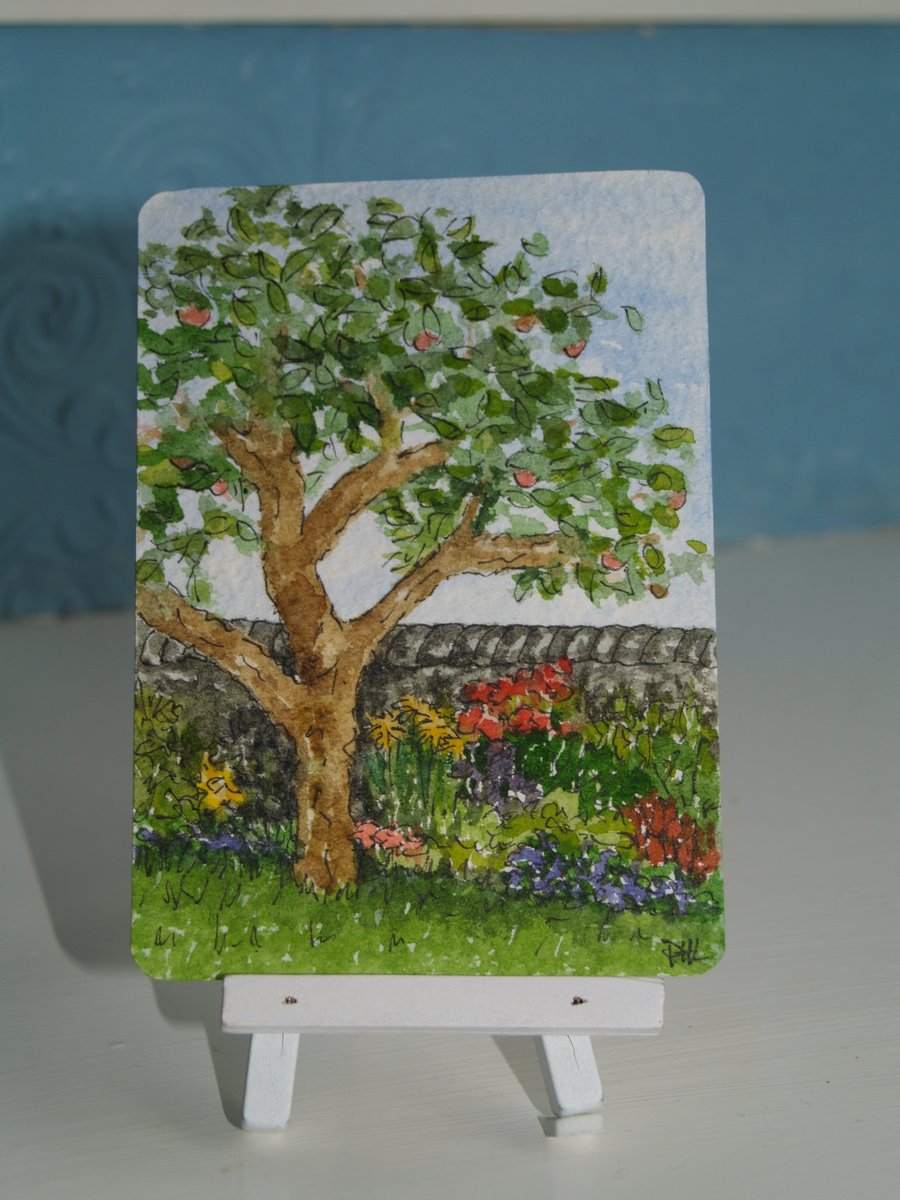 ACEO Original Apple tree and Flower Border