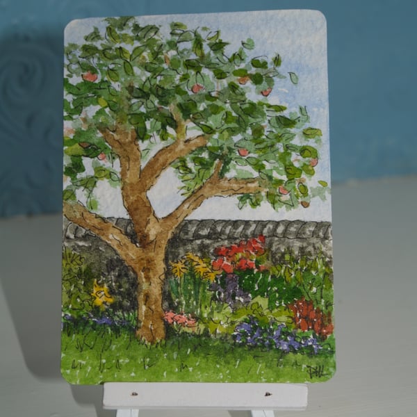 ACEO Original Apple tree and Flower Border