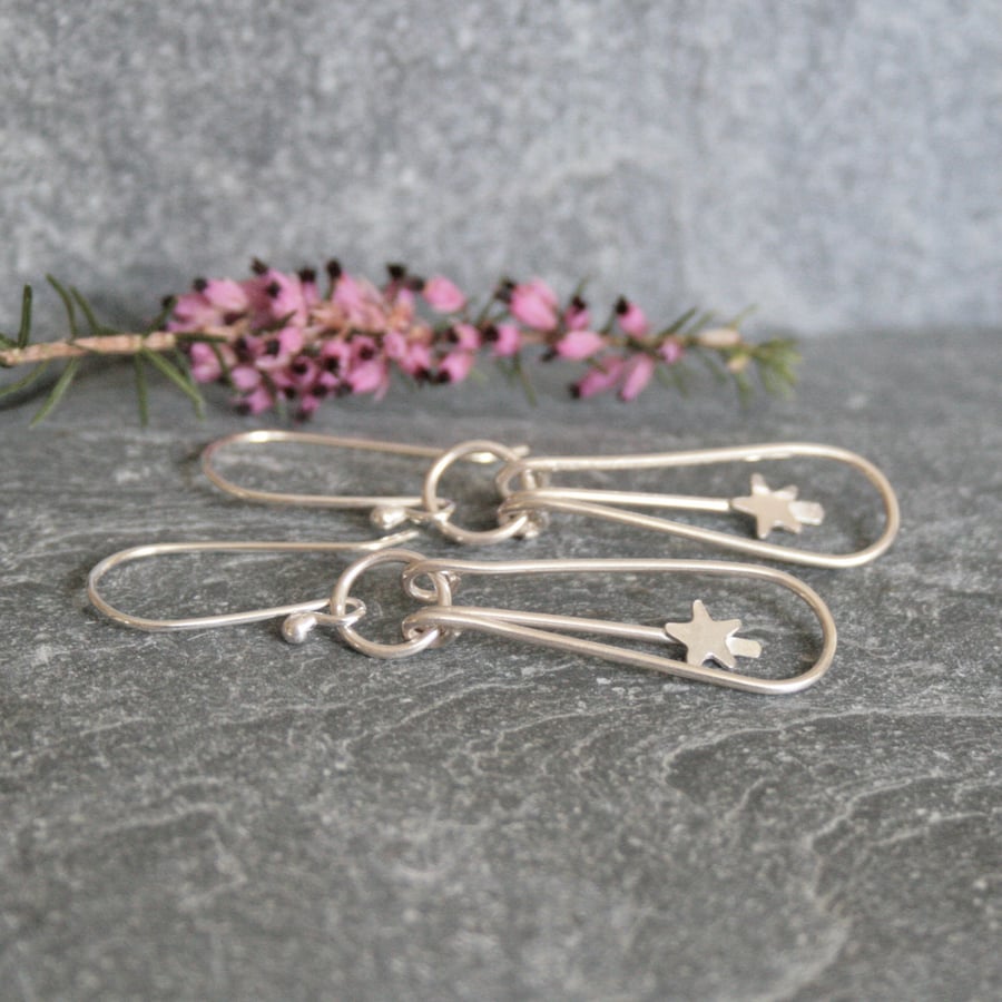 Long silver star earrings, celestial earrings, star gazer gift