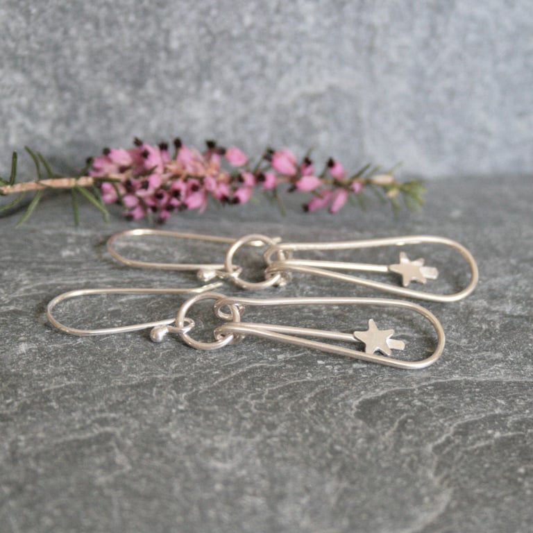 Long silver star earrings, celestial earrings, star gazer gift
