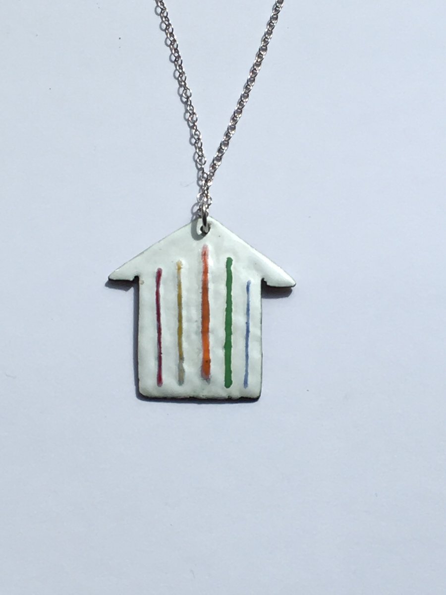 Hand Enamelled Fine Stripe Beach Hut Pendant 