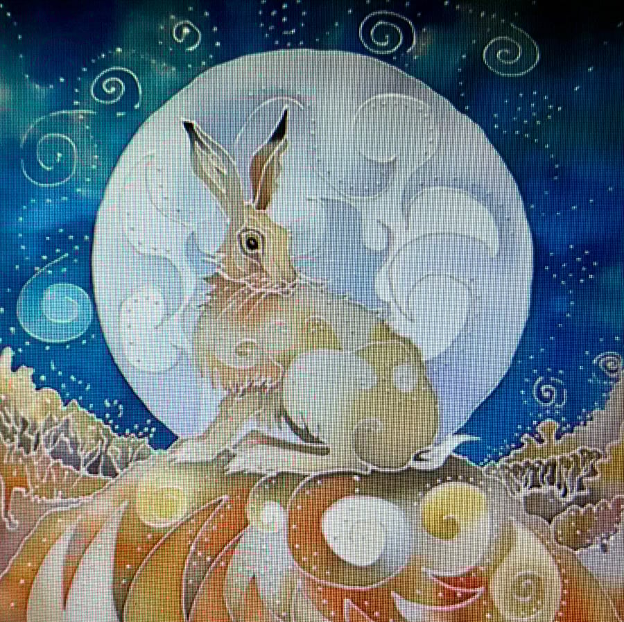 A painting of a Mystic Moon Hare. Original Hand Painted On Silk.Yule Moon Hare