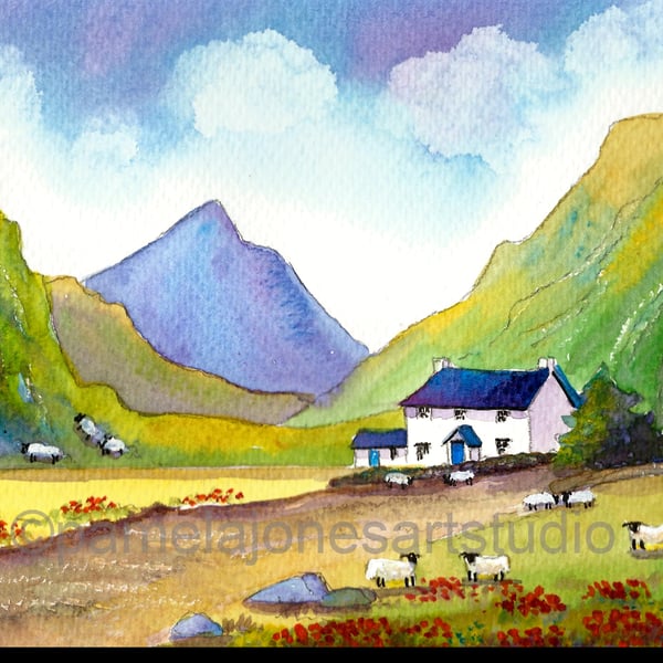 Hillside Cottage, Snowdonia, North Wales, Watercolour Print in 9 x 7 '' Mount