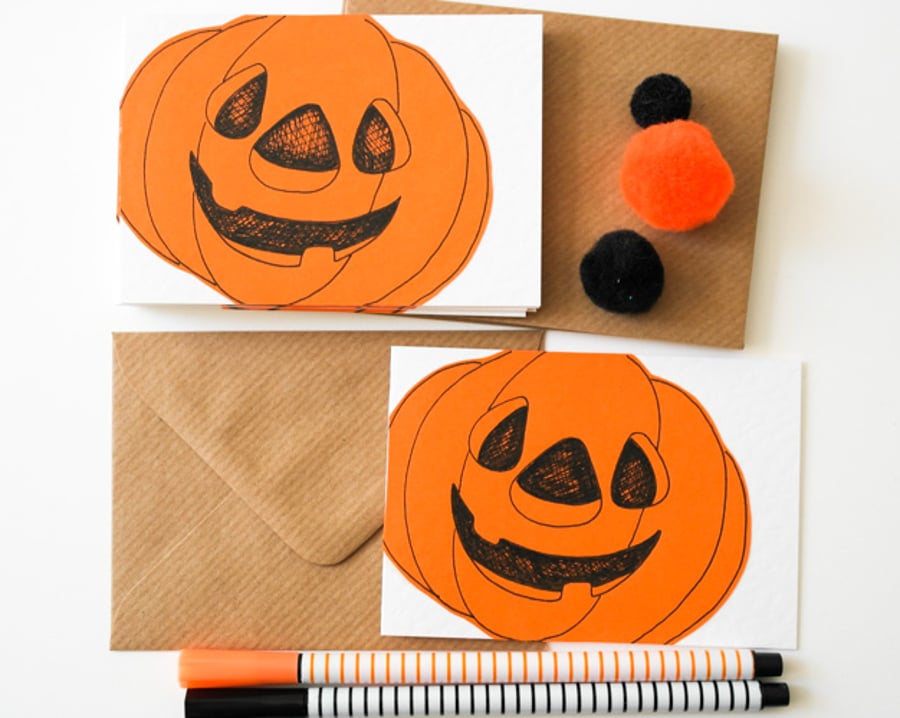  Pumpkin notecards, Handmade Halloween Party Invites, 6 Pack Halloween Mini Card