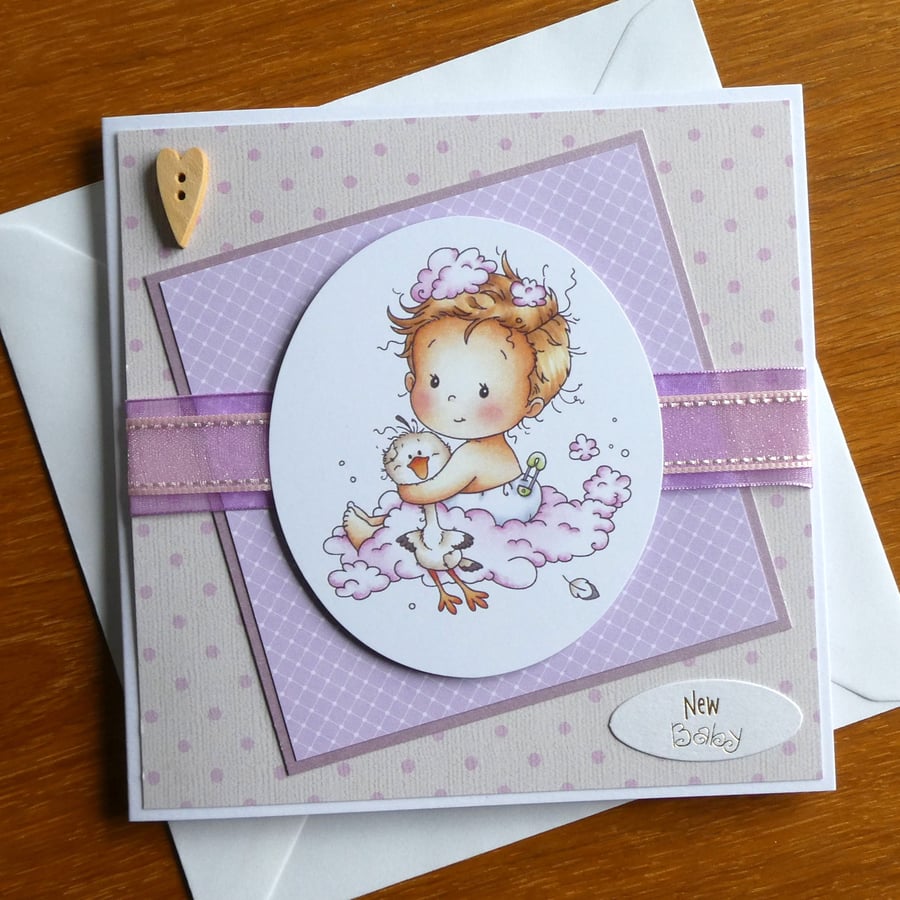 New Baby Girl Card - Baby With Stork