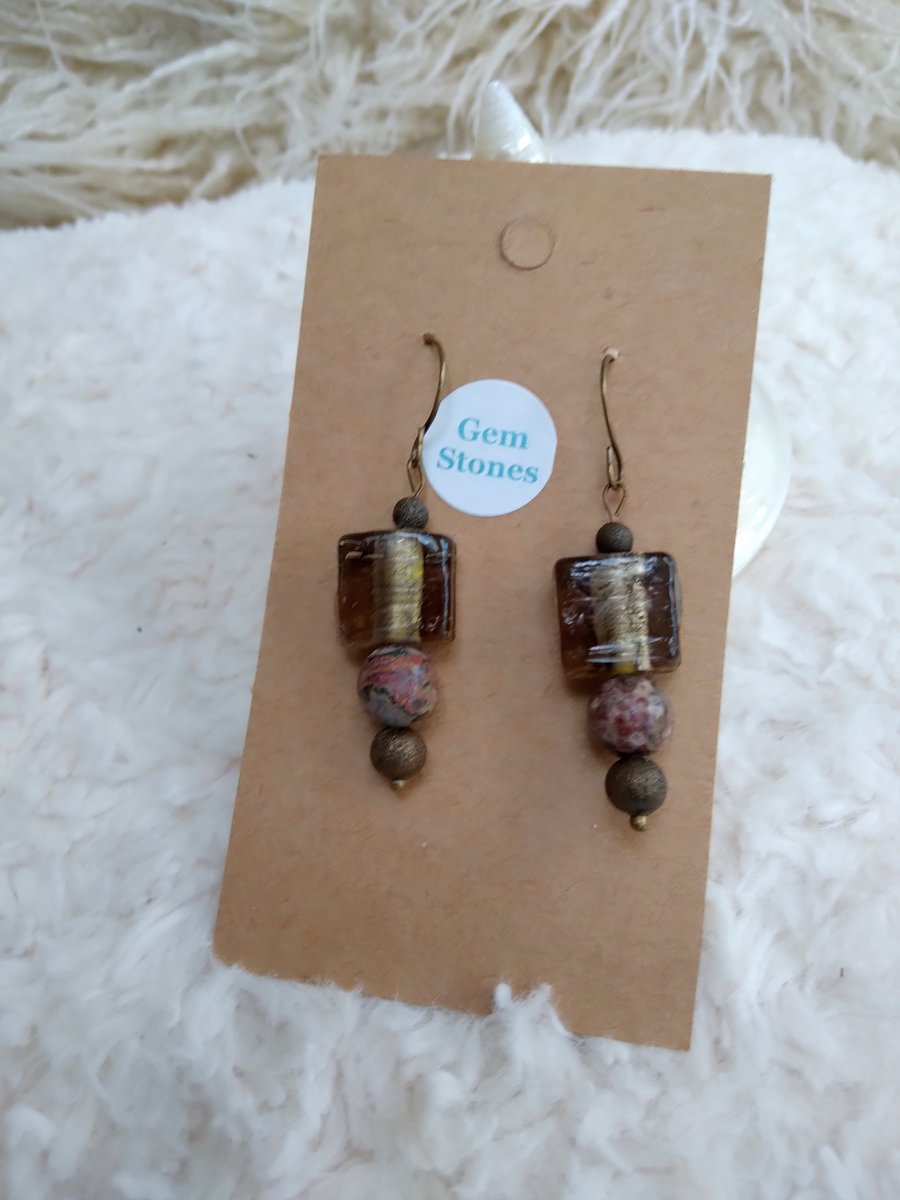 UNAKITE gemstone & LAMPWORK mossy glass beaded bronze EARRINGS