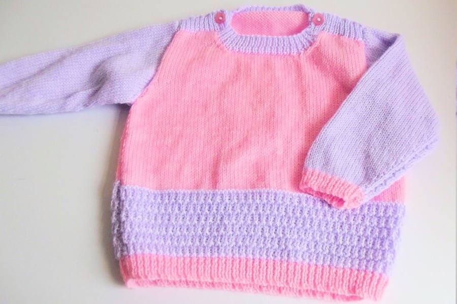 Babies Handknitted Jumper, Lilac and Pink, 6 to 12 months, hm133