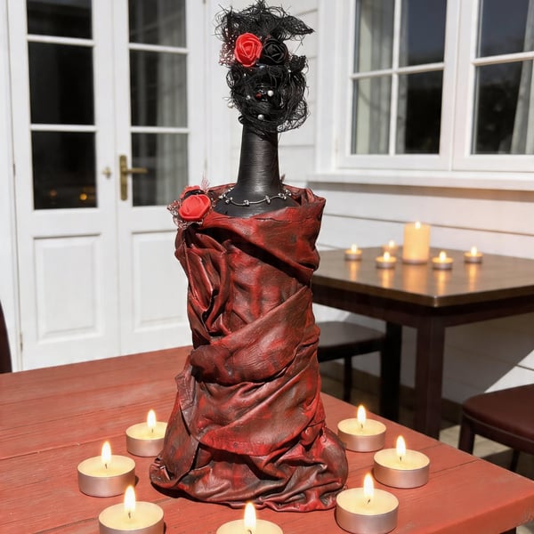 Gothic Bride Upcycled bottle art doll handmade alternative home decor sculpture 