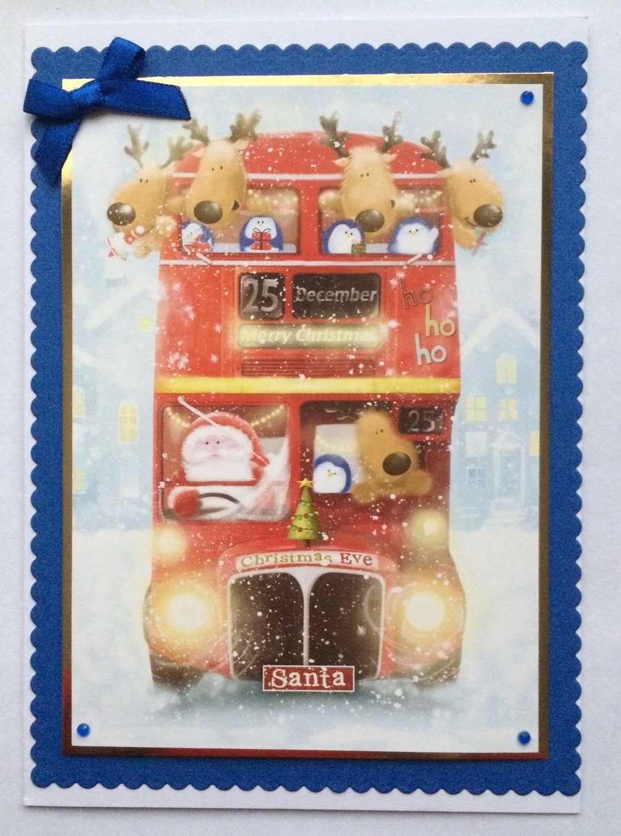 Handmade Christmas Card Vintage Christmas Bus Santa and Reindeer