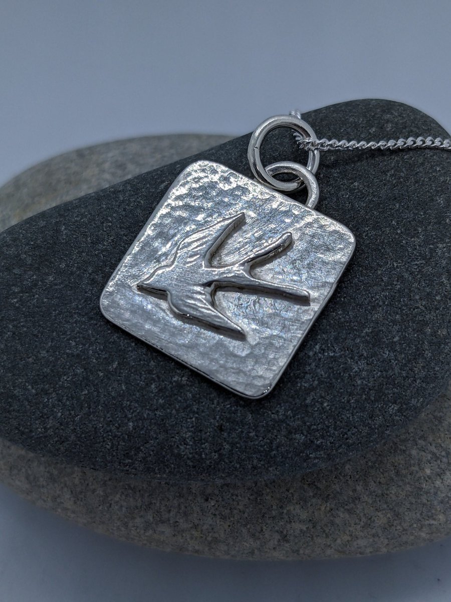Silver swallow pendant, Square sterling silver pendant with swallow