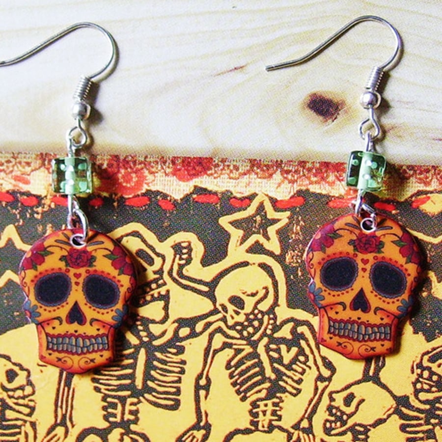 orange sugar skull earrings- Mexican day of the dead