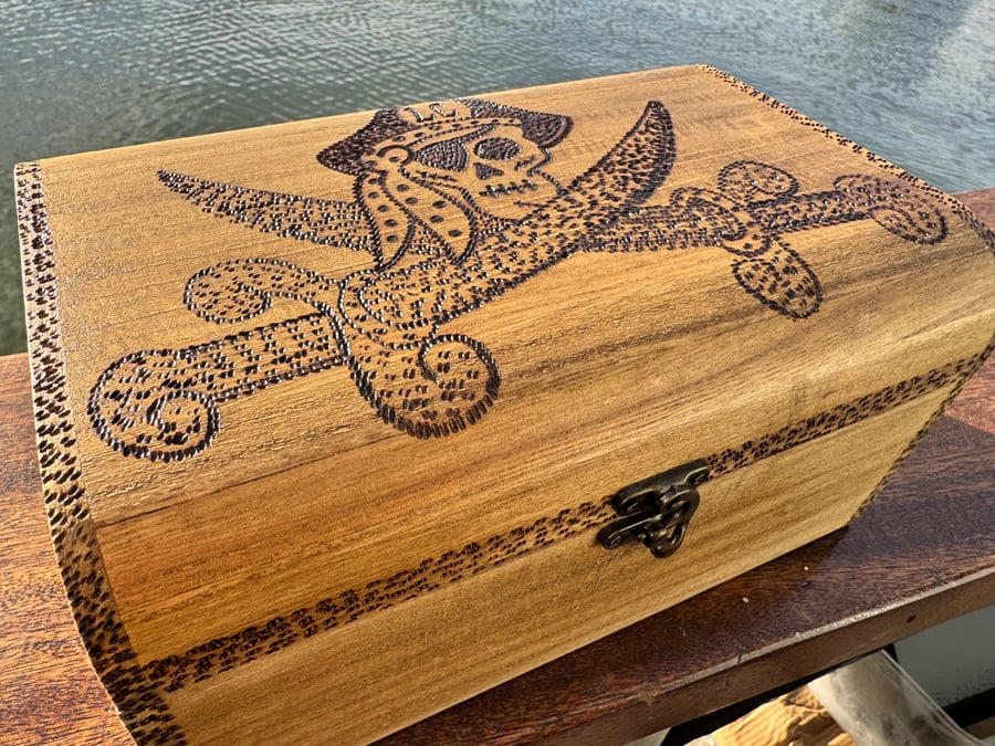 Pirate, personalised wooden treasure chest. Burned by hand.