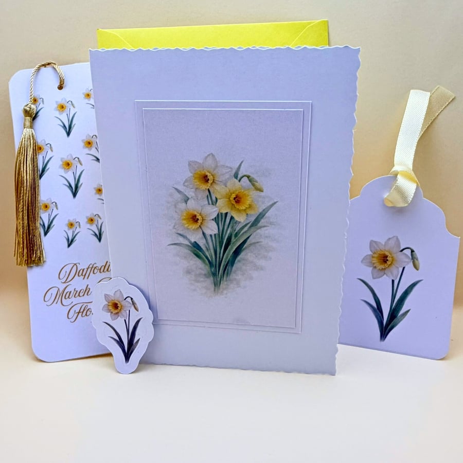 Daffodil March Birth Flower Mini Gift Set - Botanical Card, Bookmark & Gift Tag