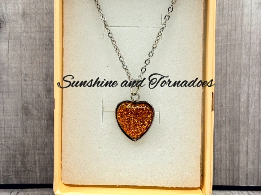Handcrafted Glitter Resin Heart Pendant. Stainless Steel. Minimalist.