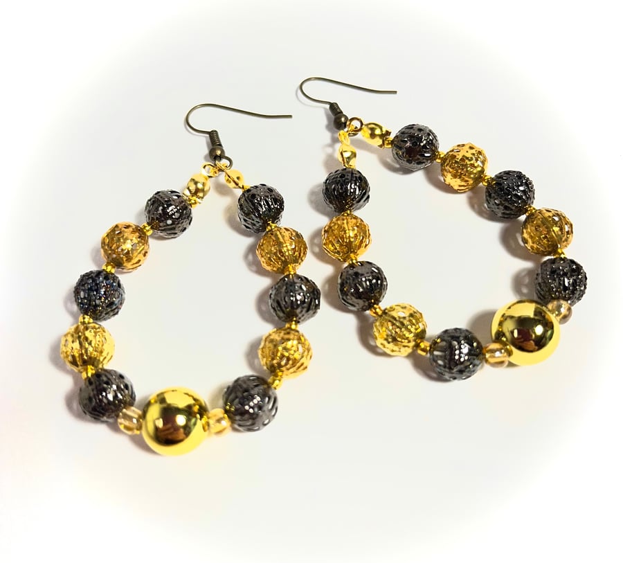 Gold and Black Beaded Hoop Earrings