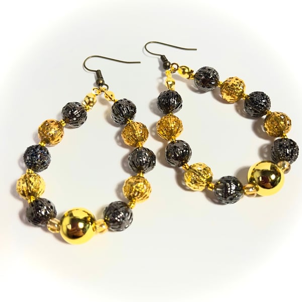 Gold and Black Beaded Hoop Earrings