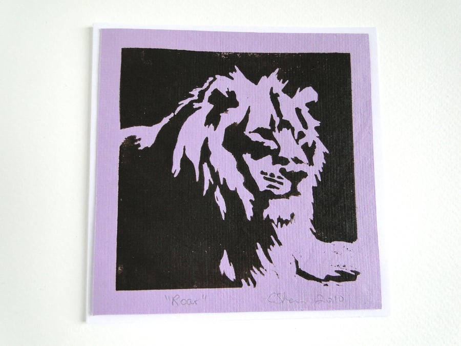 Lion Roar Lilac Blank Square Lino Printed Greeting Card