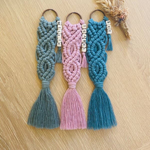 Boho Handmade Recycled Cotton Macrame bag charm, keychain, keyring