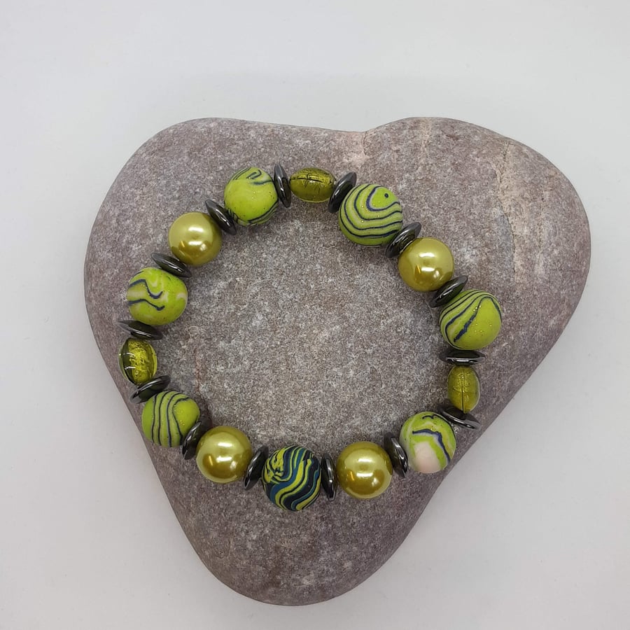 Lime green and silver polymer clay bracelet