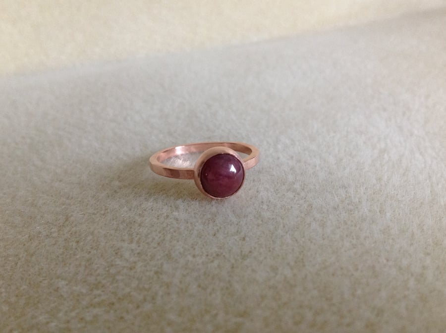 Solid Copper and dark pink Rhodonite ring