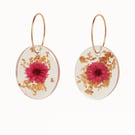 Real Pink Flower Oval Resin Earrings with Gold Leaf Dangles