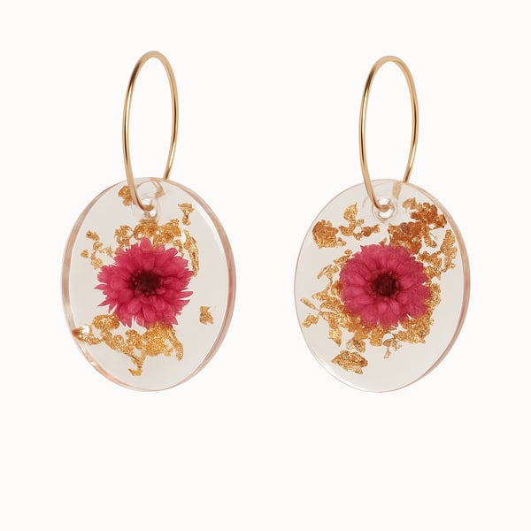 Real Pink Flower Oval Resin Earrings with Gold Leaf Dangles