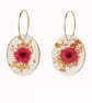 Real Pink Flower Oval Resin Earrings with Gold Leaf Dangles