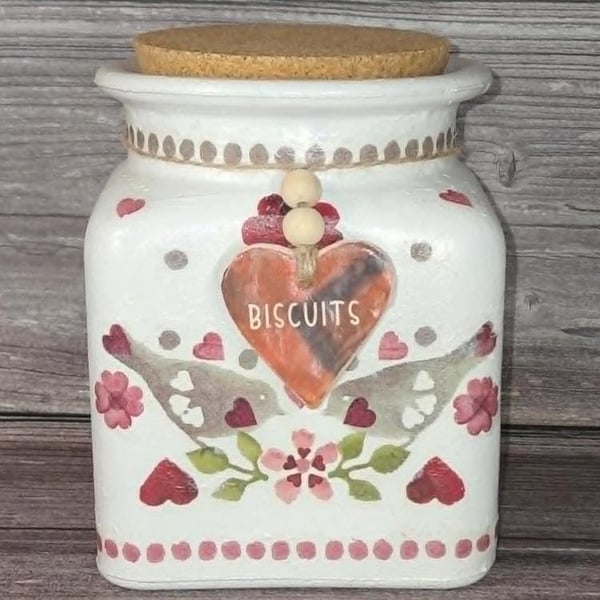 Emma Bridgewater Inspired Hand Painted and Decoupaged Love Birds Glass Storage J
