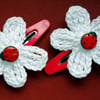 Christmas set of 2 hair clips with WHITE crochet flowers/LADYBIRD BUG