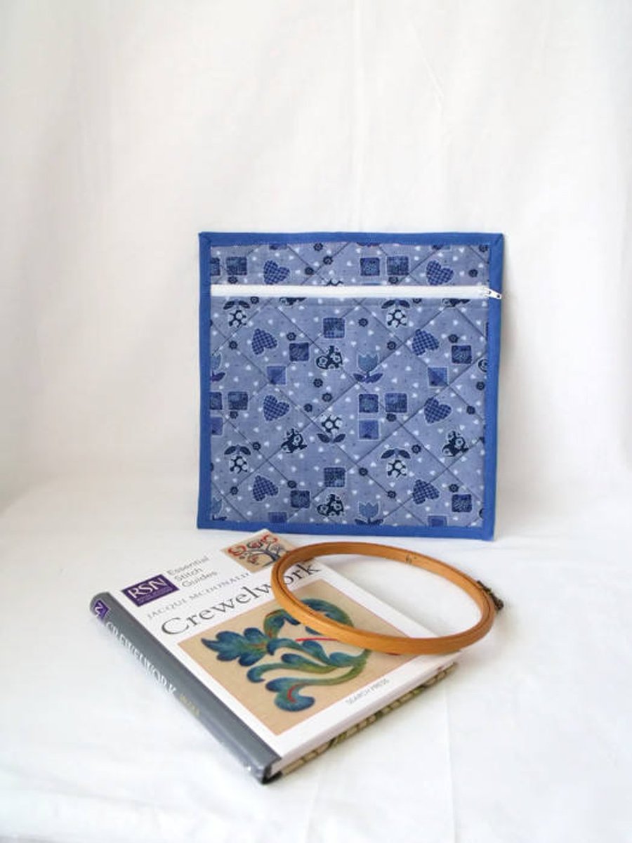small quilted project pouch for embroidery or small craft projects, blue