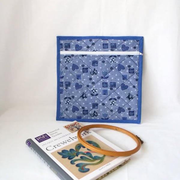 small quilted project pouch for embroidery or small craft projects, blue