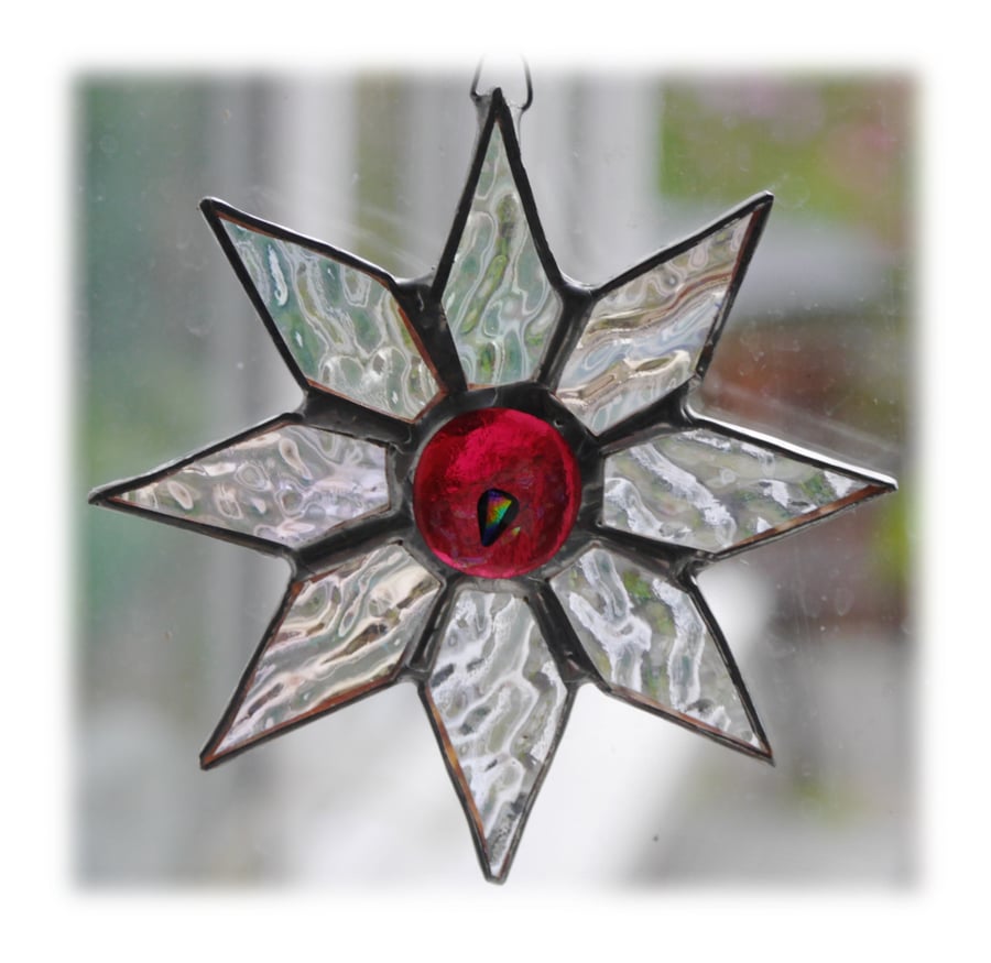 Shiny Star Suncatcher Stained Glass Dichroic Cranberry Handmade 006