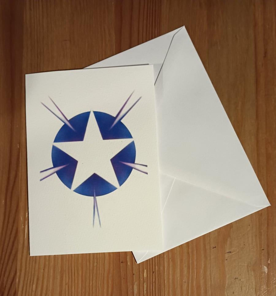 Blue five pointed star handmade stencil Christmas card