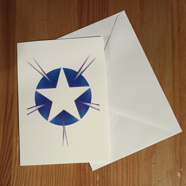 Blue five pointed star handmade stencil Christmas card