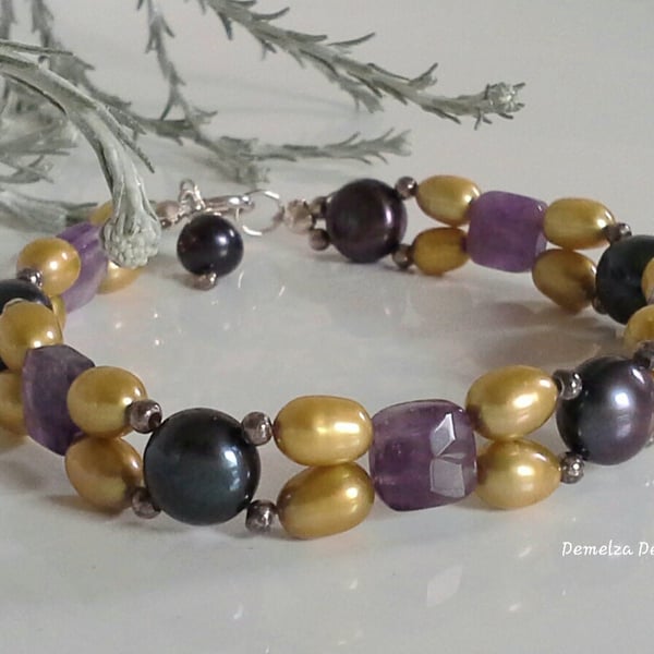 Amethyst,  Freshwater Pearl Sterling Silver Bracelet 