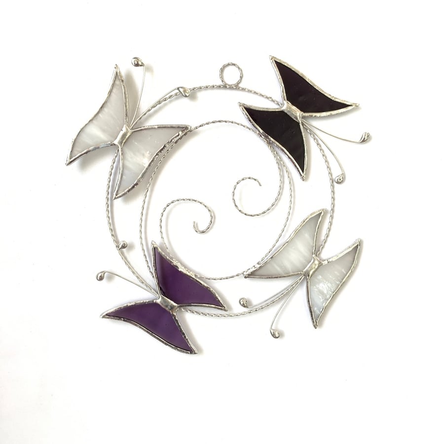 Small Butterfly Circle  Suncatcher - Handmade Decoration - Purple White Mauve