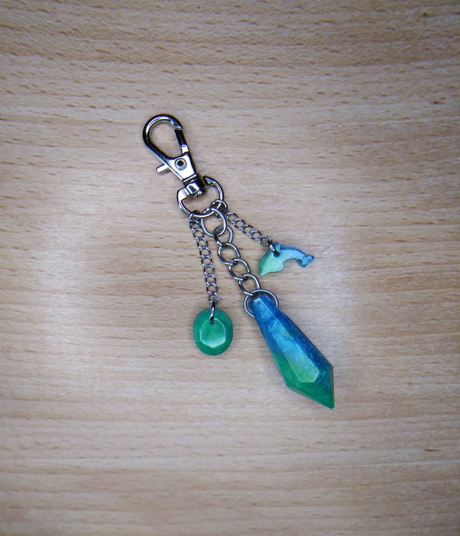 Shimmering blue & green resin crystal bag charm, keyring
