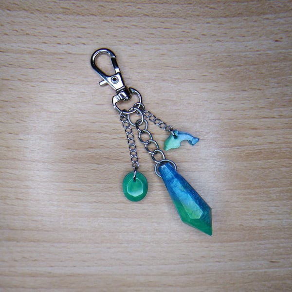 Shimmering blue & green resin crystal bag charm, keyring