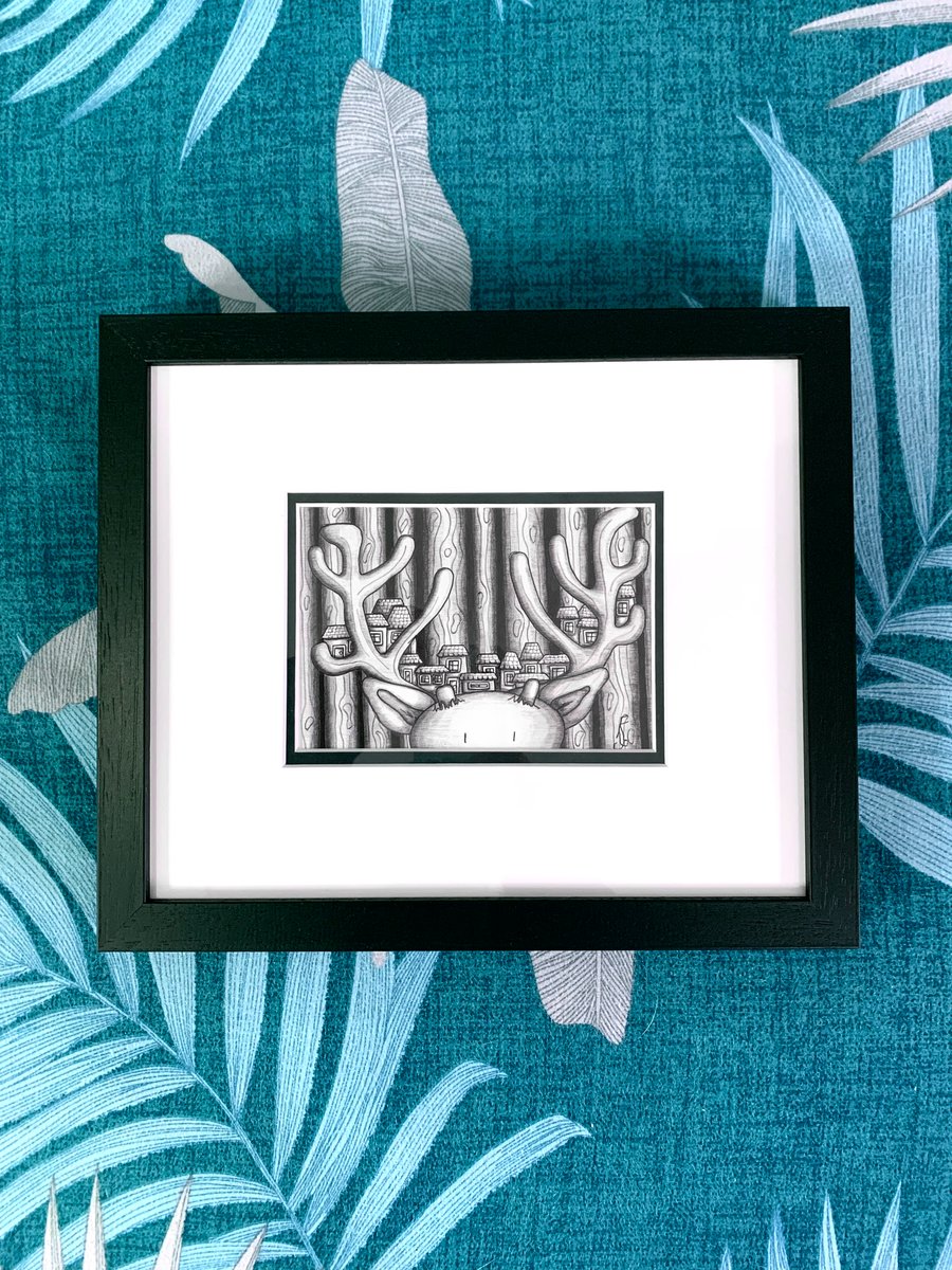 Original Framed Pen and Ink Illustration Oh Deer!