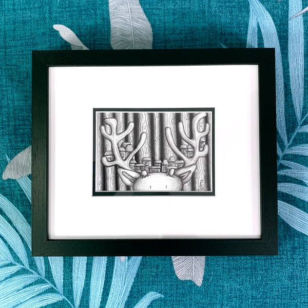 Original Framed Pen and Ink Illustration Oh Deer!