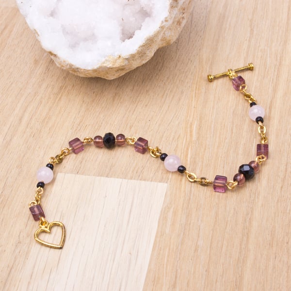 Rose Quartz bracelet - Gemstone and Purple cube bead gold chain bracelet