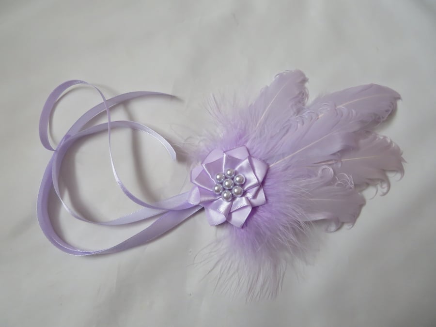 Pale Lilac Feather and Ribbon Regency Style Headpiece Fascinator